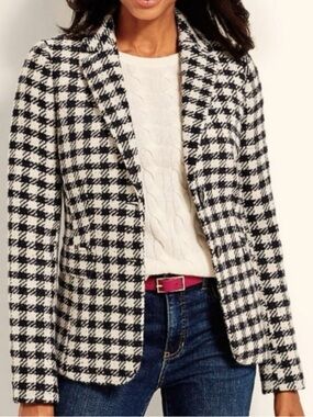 NWOT Talbots Houndstooth Wool Blend Blazer 14P Black Cream Tweed Career